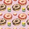 Donut watercolor illustrations isolated on white background. Seamless pattern with colorful donuts with glaze and