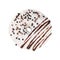 Donut with white icing, chocolate syrup and decorative sprinkles