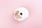 Donut with white icing and multicolored sugar pastry topping on pink background. Top view