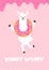 Donut worry it`s no prob-llama inspirational card with alpaca holding a donut on head, sweet donut glaze and blue background.