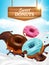 Donuts ads. Bakery tasty delicious round sweet products in chocolate splashes with drops breakfast donuts food with