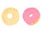 Donuts - american sweet dessert with caramel or chocolate pink and yellow glaze covered. Sweets desserts in flat cartoons design.
