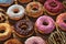 Donuts arranged on a rustic table on National Donut day