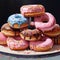 Donuts. assorted glazed donuts. Colorful donuts with icing as background with copy space. Various colorful glazed