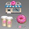 Donuts cafe items set with two cups coffee
