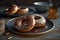 Donuts with chocolate icing with sprinkles decoration. AI generative