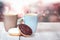 Donuts coffee blur background couple concept.