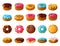 Donuts collection. Sweet doughnut pastry with sprinkles, glaze and frosting, colorful sweet pastry dessert for bakery