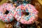donuts, colorful close-up photo with selective focus - assorted donuts with chocolate frosted