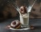 Donuts covered with dark chocolate, falling into a glass of milk, milk splash, dark background, sweet dessert