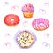 Donuts and cupcake on a white background. Watercolor illustration.