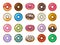 Donuts desserts. Round fast food products tasty chocolate rings cakes colored vector set