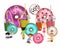 Donuts doughnuts and children vector illustration isolated. Group of happy micro mini boys and girls among big glazed