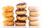 Donuts or Doughnuts Tower on White Background. Donut Stack Pile Food Background