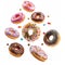 donuts floating in the air, emphasizing their colorful glazes and sprinkles.