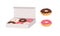 Donuts glazed with colorful sugar and chocolate icing and topped with sprinkles lying in carton box and isolated on