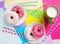 Donuts with icing and milk on pastel colorful background. Sweet