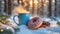 donuts and mug in the snow