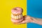 Donuts on the palm on a yellow-blue background