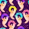 Donuts seamless pattern. American sweet food, dessert. Hands holding colored glazed doughnuts and colorful sprinkles for