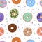 Donuts Seamless pattern with chocolate, cereal, bacon, caramel, blueberry, matcha