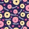 Donuts seamless pattern on dark blue background with pink hearts. Desserts vector background  in flat cartoons style.