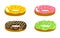 Donuts set. Multicolor cream. Pink, green chocolate and yellow. Delicious dessert. Hand drawn sketch.