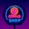 Donuts shop neon street billboard. Bakery logo. Sweet shop. Night bright signboard. Isolated vector illustration