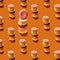 Donuts stack seamless pattern on orange background including chocolate frosting, sprinkles, coconut