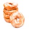 Donuts stacked on a white background