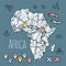 Doodle Africa map on blue chalkboard with pins and