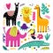 Doodle animals. Animal collection in minimalist style, funny llama, lion and giraffe, pink elephant, toucan bird and crocodile,