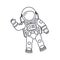 Doodle astronaut. Cartoon funny character with waving hand. Hello world. Hand drawn children cosmonaut