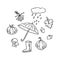 Doodle autumn set, hand drawn umbrella, rain, rubber boots, mushrooms, fruits and leaves. Sketch,freehand minimalistic design,