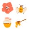 Doodle bee wasp set icon isolated on white.Flower, bee,wasp,honey.Honey Sketches Set, Bee Hive, Honey Jar, Pot, Spoon and Flower