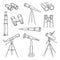 Doodle binocular. Explorer equipment for travellers binocular telescope military optics vector hand drawn set