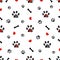 Doodle black paw prints, bone with red heart vector seamless pattern for fabric design