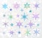 Doodle blue and violet snowflakes on white glowing background