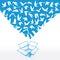 Doodle box, Sketch Flying dove for peace concept and wedding design. white on a blue background. Vector