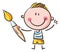 Doodle boy holding paint brush. Kid creative activities clipart, isolated on white, vector illustration