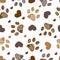 Doodle brown paw prints with hearts seamless fabric design pattern vector