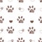 Doodle brown paw prints and hearts vector with white background seamless pattern for fabric