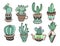 Doodle cacti collection, hand drawing set of various succulents