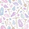 Doodle camo gem crystals and geological tools seamless pattern. Pastel minerals and rock pick hammer repeat background.