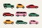 Doodle cars. Cartoon vehicles flat style, various automobile types suv sedan smart pickup hatchback van. Vector set