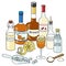 Doodle cartoon Brandy Crusta cocktail and ingredients composition. Bottles of brandy and maraschino liquor, orange