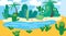 Doodle cartoon desert oasis with palm cacti background. Tropical landscape. Vector isolated hand draw landscape. Use as