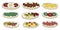 Doodle cartoon hipster style vector illustration. A set of bruschetta tapas canape appetizers with vegetables, sauce