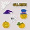 Doodle cartoon patch badges or stickers Halloween theme. Pumpkin, hat, spider web, spider in hand drawing style. Vector set