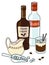 Doodle cartoon White Russian cocktail and ingredients composition. Bottles of vodka and coffee liqueur, jug of cream and